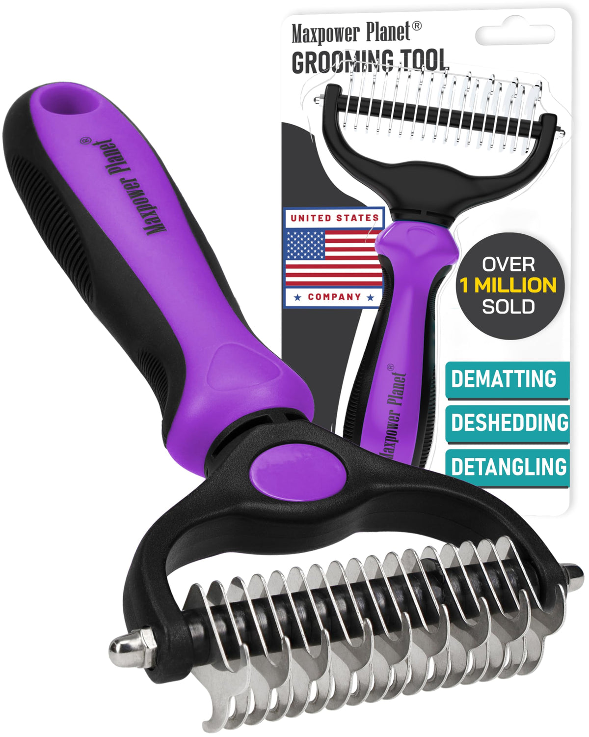 Maxpower Planet Pet Grooming Brush - Double Sided Shedding, Dematting Undercoat Rake for Dogs and Cats - Extra Wide Dog Grooming Brush - Yellow