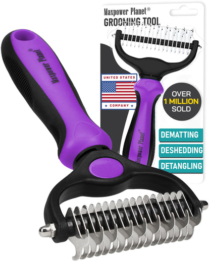 Maxpower Planet Pet Grooming Brush - Double Sided Shedding, Dematting Undercoat Rake for Dogs and Cats - Extra Wide Dog Grooming Brush - Yellow
