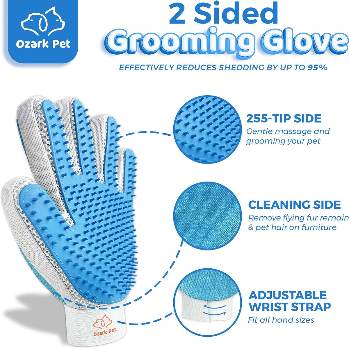Pet Grooming Glove, 2 in 1 Glove with De-Shedding and Hair Remover for Cat & Dog, No More Shedding and Flying Hairs (Blue)