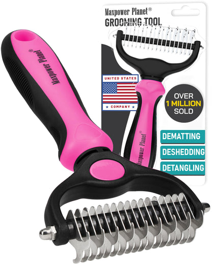 Maxpower Planet Pet Grooming Brush - Double Sided Shedding, Dematting Undercoat Rake for Dogs and Cats - Extra Wide Dog Grooming Brush - Yellow