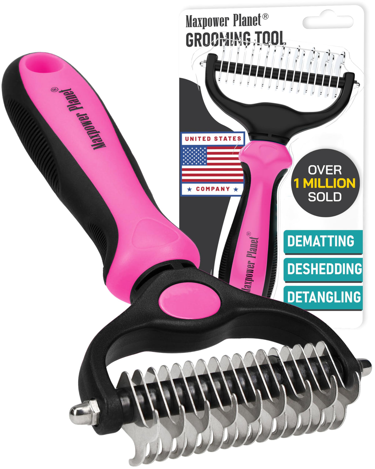 Maxpower Planet Pet Grooming Brush and 2X Grooming Gloves Combo - Double Sided Dematting, Deshedding Undercoat Rake for Dogs and Cats - Reduce Shedding Easily - Blue