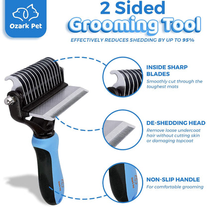 Dog Deshedding Brush & Grooming Glove Kit, Double-Sided 22 87 Teeth Undercoat Rake & Dematting Comb for Dog Cat Grooming Tools for Loose Fur, Short to Long Hair Reduces Shedding, Blue Small