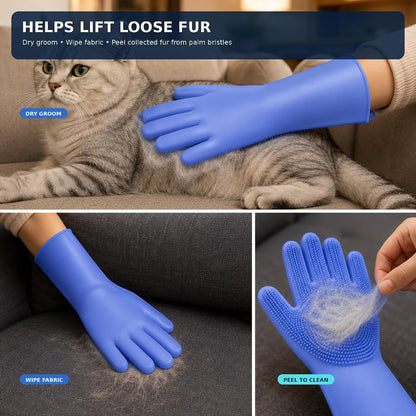 Silicone Dishwashing Gloves with Scrubber Bristles, Food-Grade Cleaning Mitts for Kitchen Dishes, Pet Grooming & Car Wash