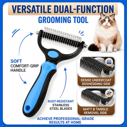 2-in-1 Double-Sided Pet Grooming Comb for Dogs & Cats - Deshedding Brush & Rounded-Tooth Dematting Tool | Painlessly Removes Knots, Tangles, Loose Undercoat & Fur in Thick/Long Coats (Blue-Large)