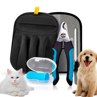3-in-1 Pet Grooming Kit – Pet Deshedding Glove, 360° Silicone Finger Toothbrush, and Professional Dog Nail Clippers with File – Complete Grooming Set for Cats & Dogs with Short or Long Fur