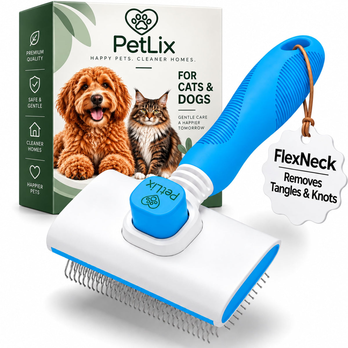 Premium Deshedding Slicker Brush for Cats & Dogs Grooming – Detangles Knots & Mats, Skin-Gentle Rounded Tips, Flexible Neck Reduces Wrist Fatigue, One-Click Fur Release, Medium & Long Hair