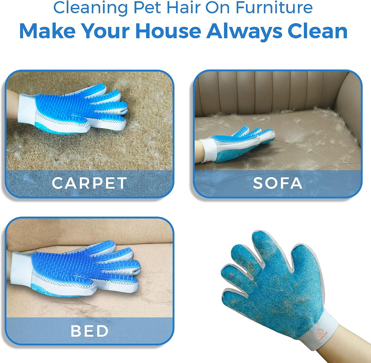 Pet Grooming Glove, 2 in 1 Glove with De-Shedding and Hair Remover for Cat & Dog, No More Shedding and Flying Hairs (Blue)