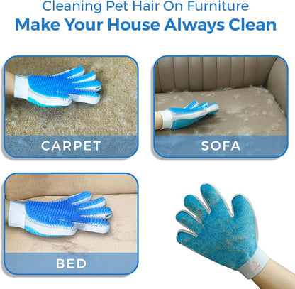 Pet Grooming Glove, 2 in 1 Glove with De-Shedding and Hair Remover for Cat & Dog, No More Shedding and Flying Hairs (Blue)