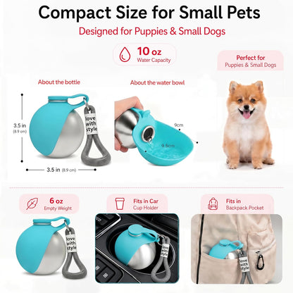 Portable Dog Water Bottle for Walking,10oz Stainless Steel Pet Water Dispenser with Foldable Silicone Bowl,Leak-Proof Puppy Water Bottle for Small Dogs,Cats,Hiking,Travel Outdoor Use（Blue）