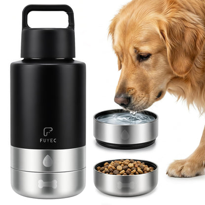 Dog Water Bottle 32oz, Insulated Stainless Steel Travel Water Dispenser with 2 Detachable Dog Bowls for Food and Water, Leak Proof Portable Pet Drinking Cup for Walking Hiking Camping