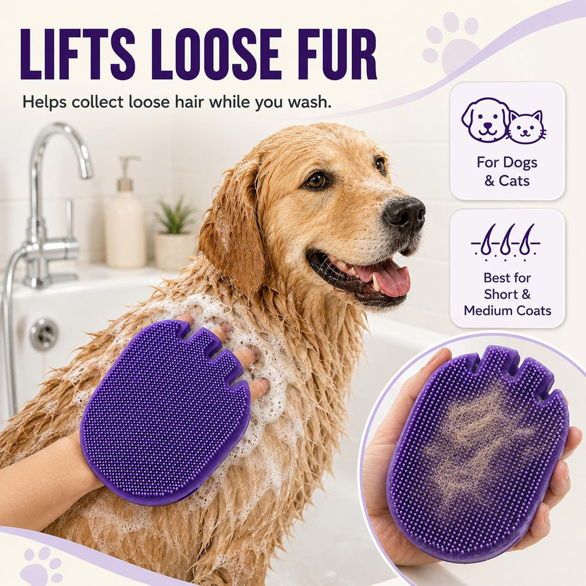 2-in-1 Silicone Pet Bath Brush for Dogs and Cats, Glove-Style Slip-On Grooming Scrubber, Dual-Sided Rubber Deshedding Brush for Bathing, Shampoo Lathering, Hair Removal and Massage, Purple