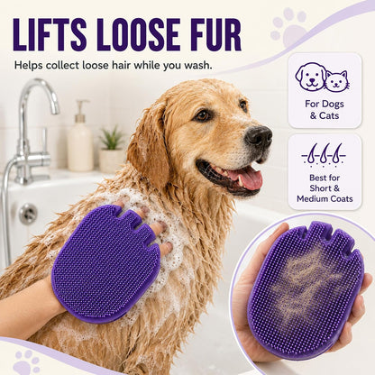 2-in-1 Silicone Pet Bath Brush for Dogs and Cats, Glove-Style Slip-On Grooming Scrubber, Dual-Sided Rubber Deshedding Brush for Bathing, Shampoo Lathering, Hair Removal and Massage, Purple