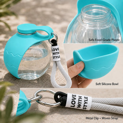 2-in-1 Portable Dog Water Bottle with Foldable Bowl, 10 oz, Plastic-Blue