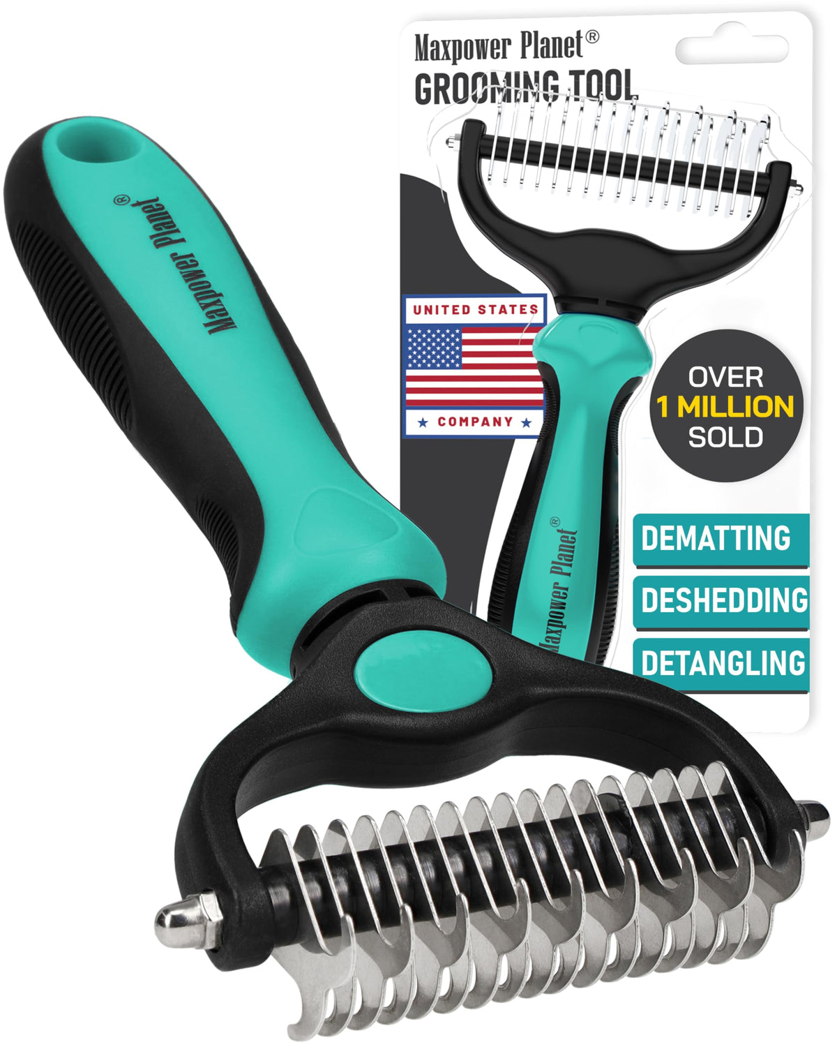 Maxpower Planet Pet Grooming Brush - Double Sided Shedding, Dematting Undercoat Rake for Dogs and Cats - Extra Wide Dog Grooming Brush - Yellow