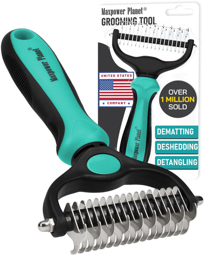 Maxpower Planet Pet Grooming Brush - Double Sided Shedding, Dematting Undercoat Rake for Dogs and Cats - Extra Wide Dog Grooming Brush - Yellow