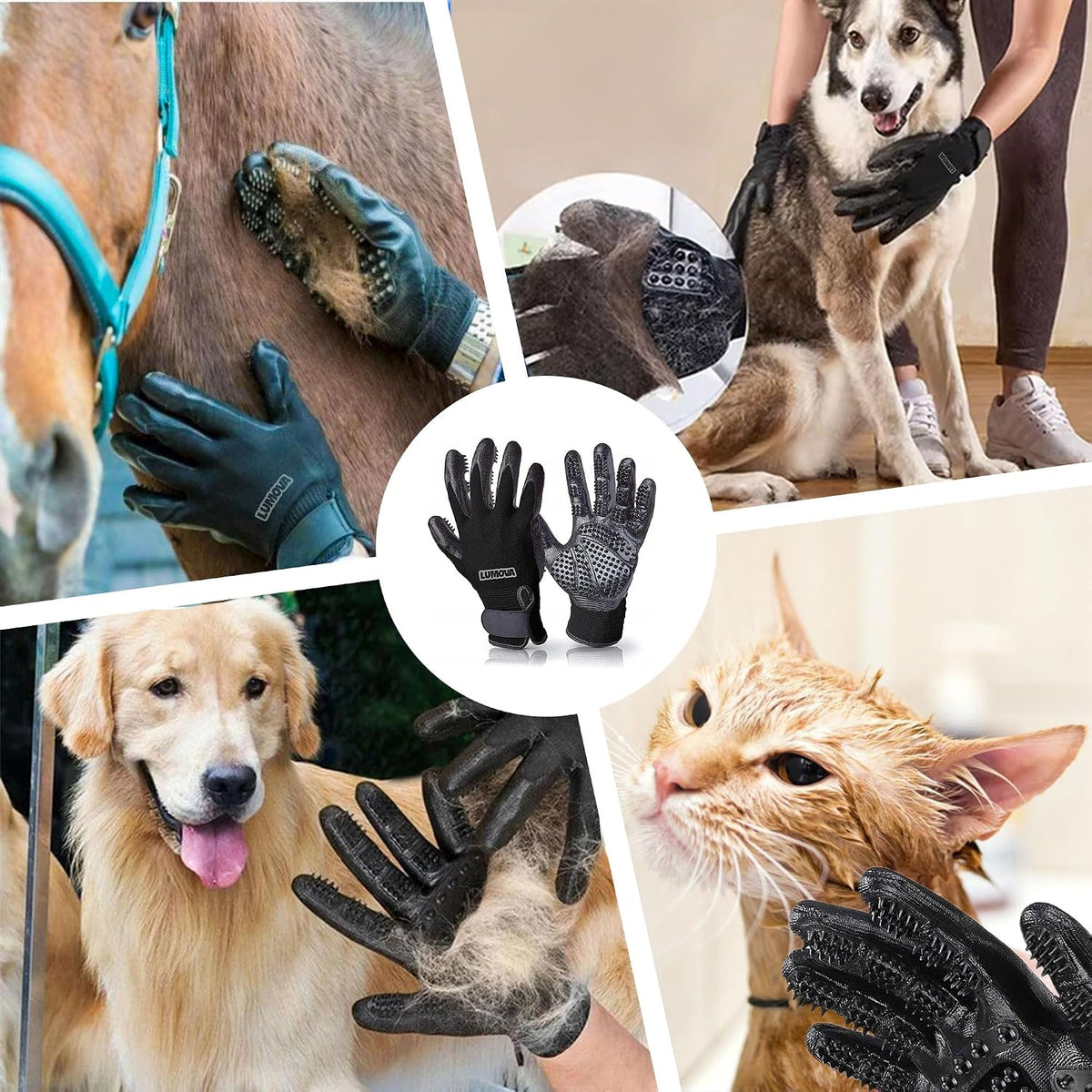 Pet Grooming Glove – Patented Rubber-Massage Shedding Bath & Hair Remover for Dogs, Cats & Livestock – Lightweight, Flexible, Secure Fit (Black)