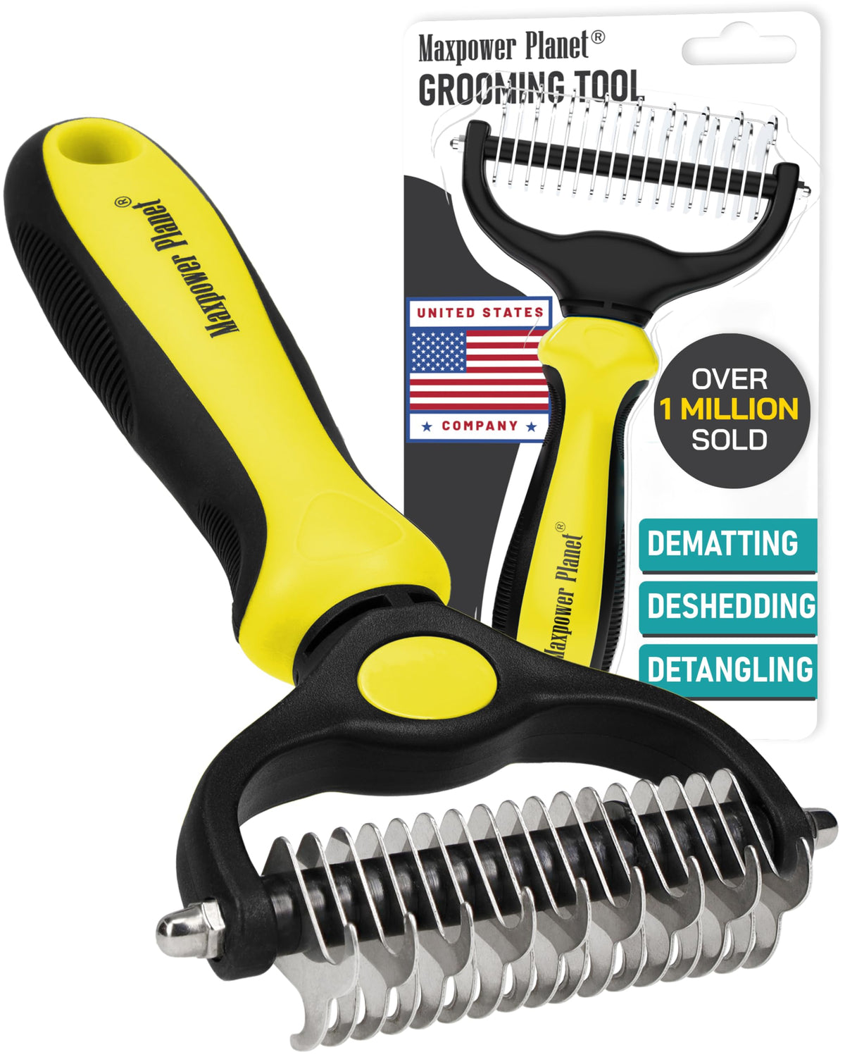Maxpower Planet Pet Grooming Brush and 2X Grooming Gloves Combo - Double Sided Dematting, Deshedding Undercoat Rake for Dogs and Cats - Reduce Shedding Easily - Blue