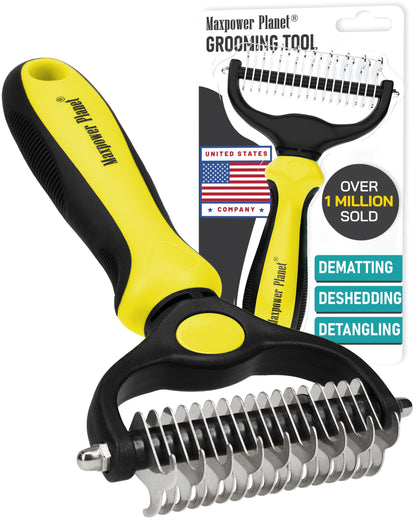 Maxpower Planet Pet Grooming Brush and 2X Grooming Gloves Combo - Double Sided Dematting, Deshedding Undercoat Rake for Dogs and Cats - Reduce Shedding Easily - Blue