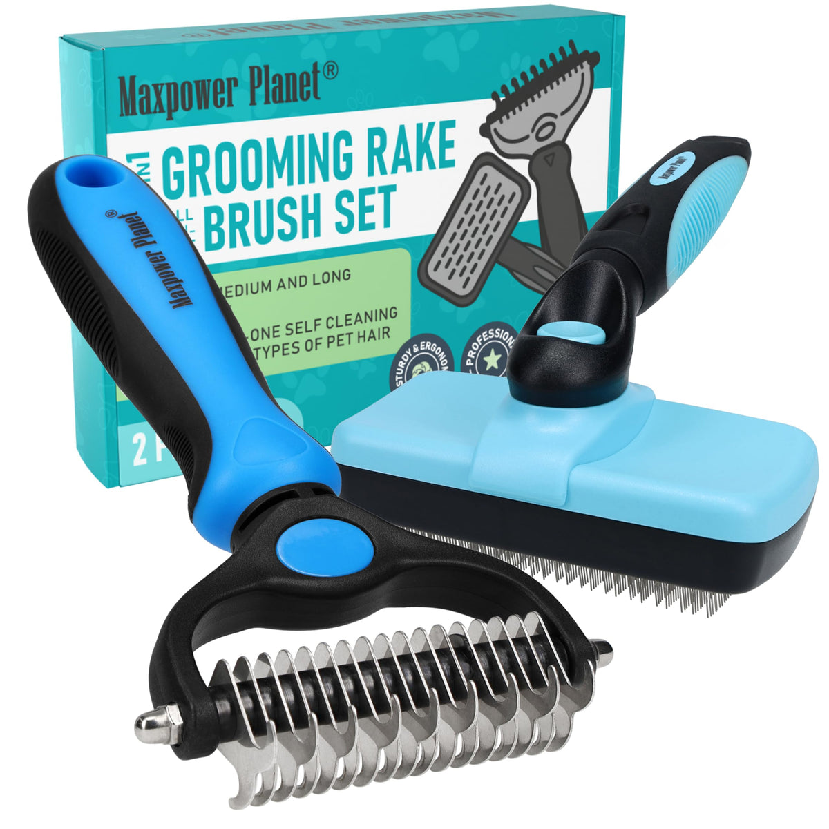 Maxpower Planet Pet Grooming Brush - Double-Sided Undercoat Rake for Dogs and Cats, Extra Wide, Reduces Shedding by 95%, White