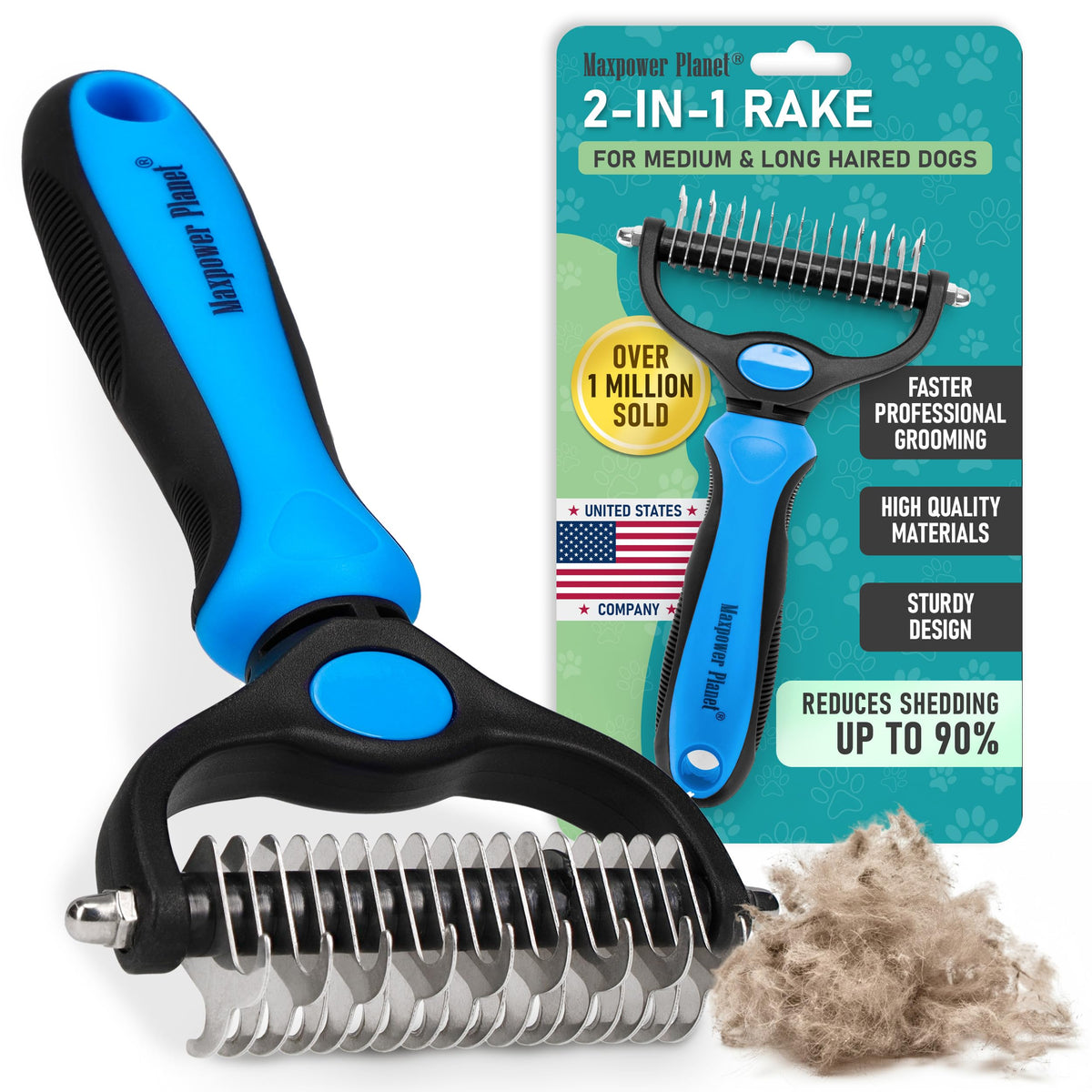Maxpower Planet Pet Grooming Brush - Double-Sided Undercoat Rake for Dogs and Cats, Extra Wide, Reduces Shedding by 95%, White