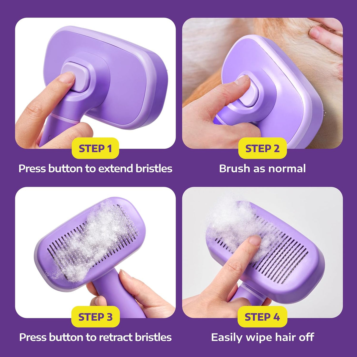Hertzko Self Cleaning Slicker Brush for Dogs and Cats - Pet Hair Brush for Shedding Long and Short Hair - Easy Clean Retractable Bristles - Cat and Dog Grooming Tool - Purple