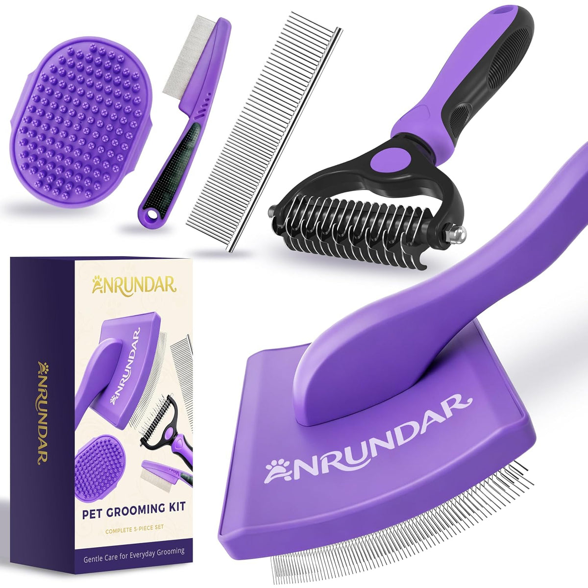 5PCS Dog Grooming Kit with Long Pin Slicker Brush for Dogs, Violet