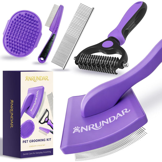 5PCS Dog Grooming Kit with Long Pin Slicker Brush for Dogs, Violet