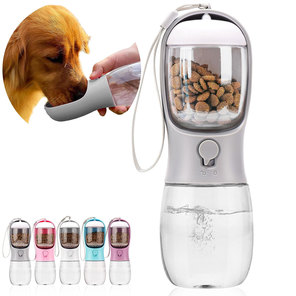 Dog Water Bottle with Food Container, Portable Leak Proof Pet Water Dispenser for Walking Hiking Travel, Puppy Essentials Accessories for Small Large Dogs, Dog Gifts (10oz/15oz/19oz)