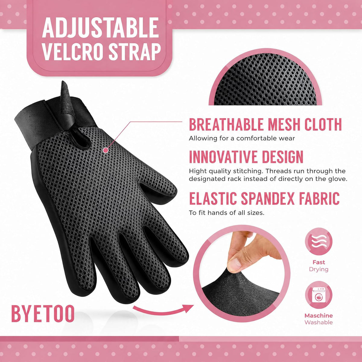 BYETOO Pet Dog Cat Grooming Glove with 261Tips,Gentle Deshedding Brush Glove,Efficient Pet Hair Remover Mitt,Massage Tool with Enhanced Five Finger Design,for Dog,Cat,Rabbit,Horse with Long/Short Fur