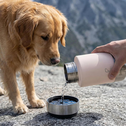 Dog Water Bottle 32oz, Insulated Stainless Steel Travel Water Dispenser with 2 Detachable Dog Bowls for Food and Water, Leak Proof Portable Pet Drinking Cup for Walking Hiking Camping