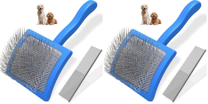 2PCS Slicker Brush for Dogs & Pet Comb,Professional Dog Grooming Brush (Goldendoodles,Poodles,Labradoodles) with Extra Long Pins to Effectively Remove Tangles, Knots and Mats (Blue, Large)