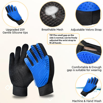 Cat Grooming Glove Brush, Pet Hair Remover Tool, 1 Pair Reusable Dog Hair Fur Remover for Carpet, Furniture, Couch, Clothes, Eco-Friendly and High efficiency (Blue)
