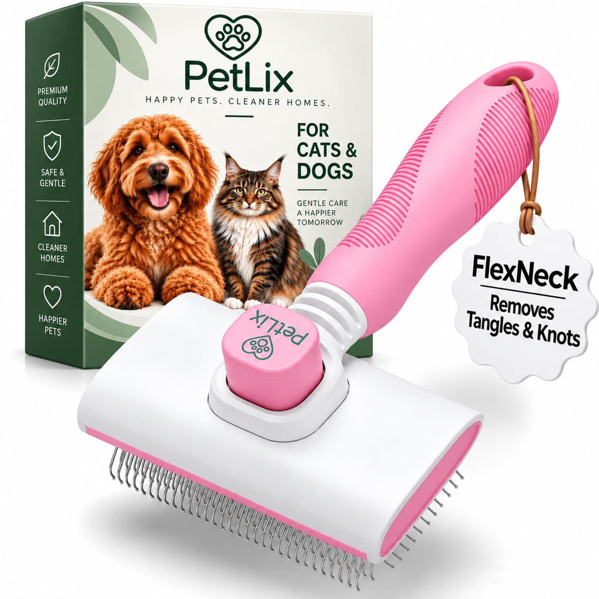 Premium Deshedding Slicker Brush for Cats & Dogs Grooming – Detangles Knots & Mats, Skin-Gentle Rounded Tips, Flexible Neck Reduces Wrist Fatigue, One-Click Fur Release, Medium & Long Hair