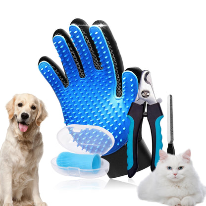 3-in-1 Pet Grooming Kit – Pet Deshedding Glove, 360° Silicone Finger Toothbrush, and Professional Dog Nail Clippers with File – Complete Grooming Set for Cats & Dogs with Short or Long Fur