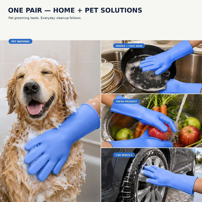 Silicone Dishwashing Gloves with Scrubber Bristles, Food-Grade Cleaning Mitts for Kitchen Dishes, Pet Grooming & Car Wash