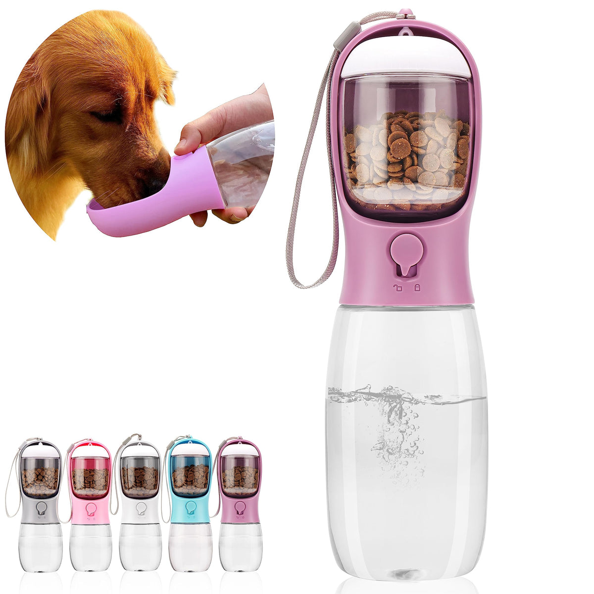 Dog Water Bottle with Food Container, Portable Leak Proof Pet Water Dispenser for Walking Hiking Travel, Puppy Essentials Accessories for Small Large Dogs, Dog Gifts (10oz/15oz/19oz)