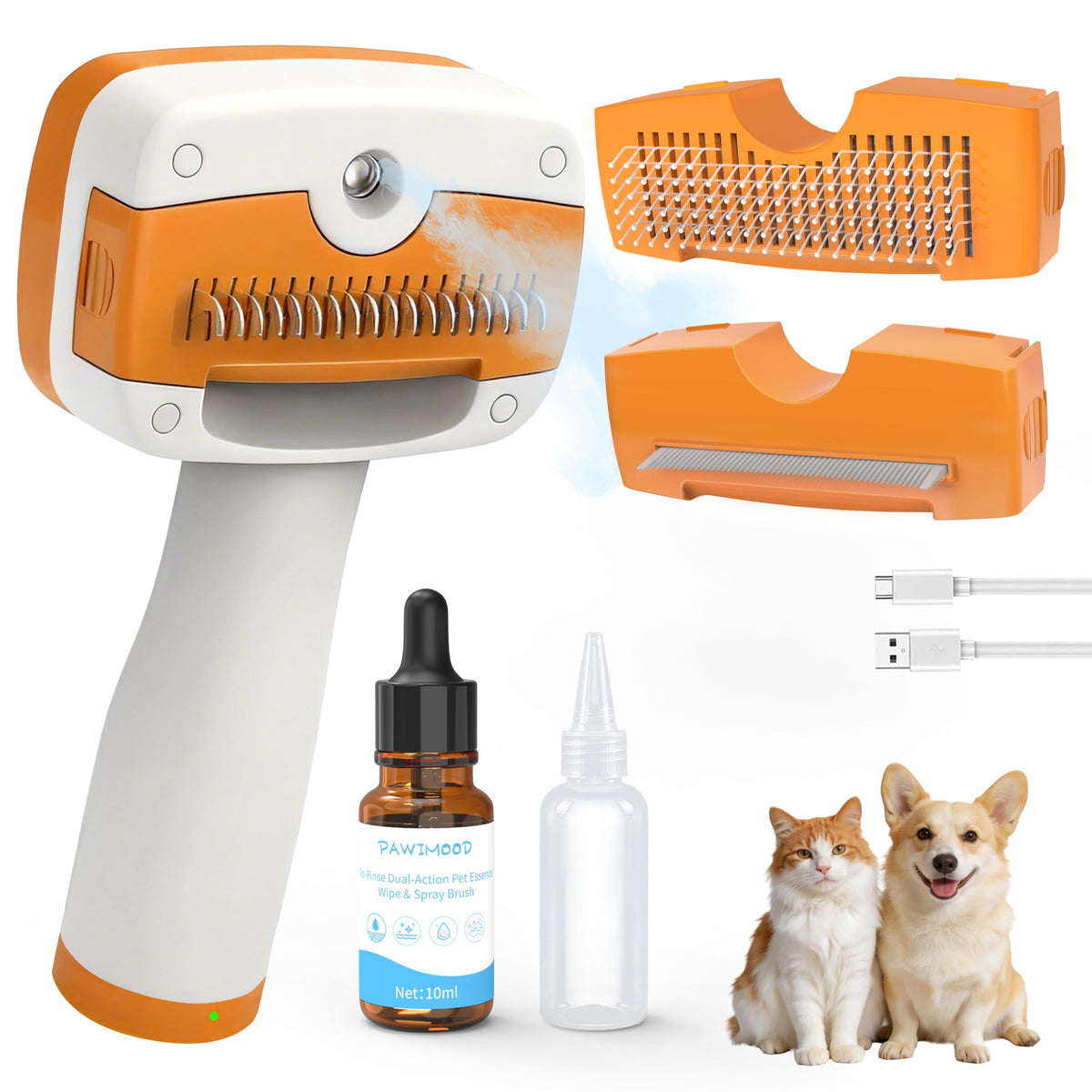 Pet Steam Brush for Dogs,Self-Cleaning,3 Swap-in Heads,Spray Hair Remover