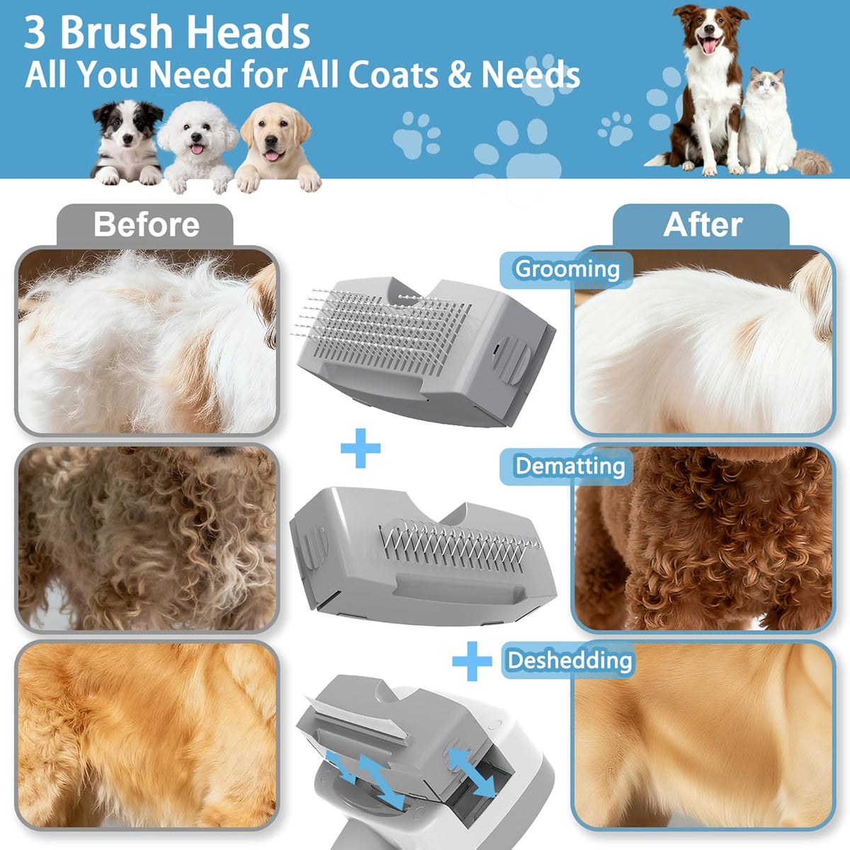 Pet Steam Brush for Dogs,Self-Cleaning,3 Swap-in Heads,Spray Hair Remover