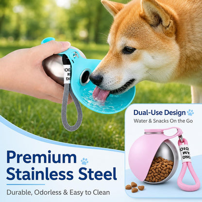 2 in 1 Portable Tumbler for Dogs, Portable Dog Water Ball, 10oz Stainless Steel Pet Water Dispenser with Silicone Foldable Bowl, Leak Proof, Portable Small Dog Water Bottle for Walking, Hiking(Blue)
