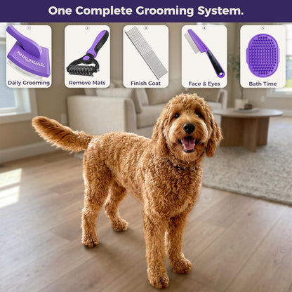 5PCS Dog Grooming Kit with Long Pin Slicker Brush for Dogs, Violet