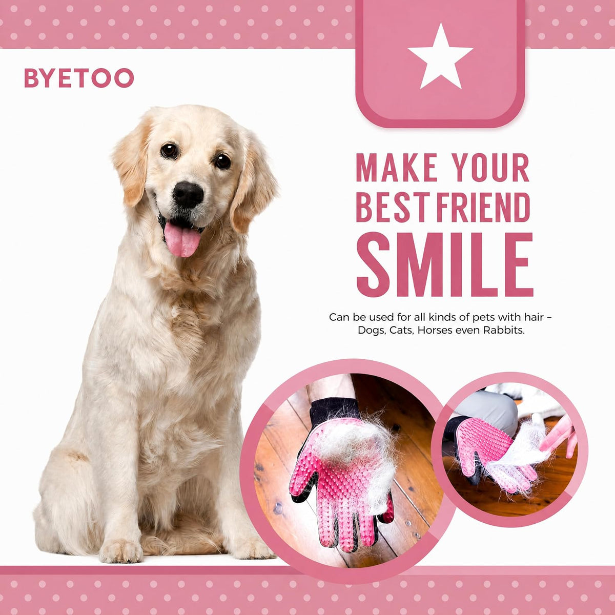 BYETOO Pet Dog Cat Grooming Glove with 261Tips,Gentle Deshedding Brush Glove,Efficient Pet Hair Remover Mitt,Massage Tool with Enhanced Five Finger Design,for Dog,Cat,Rabbit,Horse with Long/Short Fur