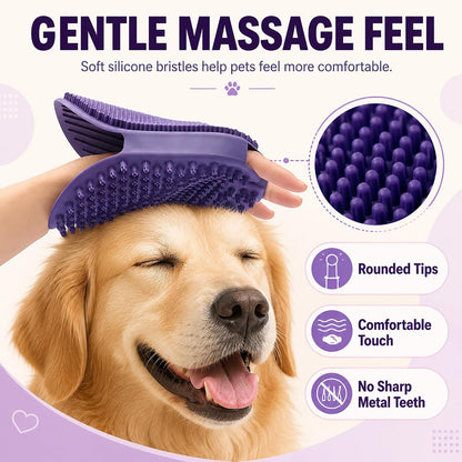2-in-1 Silicone Pet Bath Brush for Dogs and Cats, Glove-Style Slip-On Grooming Scrubber, Dual-Sided Rubber Deshedding Brush for Bathing, Shampoo Lathering, Hair Removal and Massage, Purple