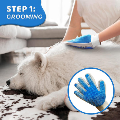 Pet Grooming Glove, 2 in 1 Glove with De-Shedding and Hair Remover for Cat & Dog, No More Shedding and Flying Hairs (Blue)