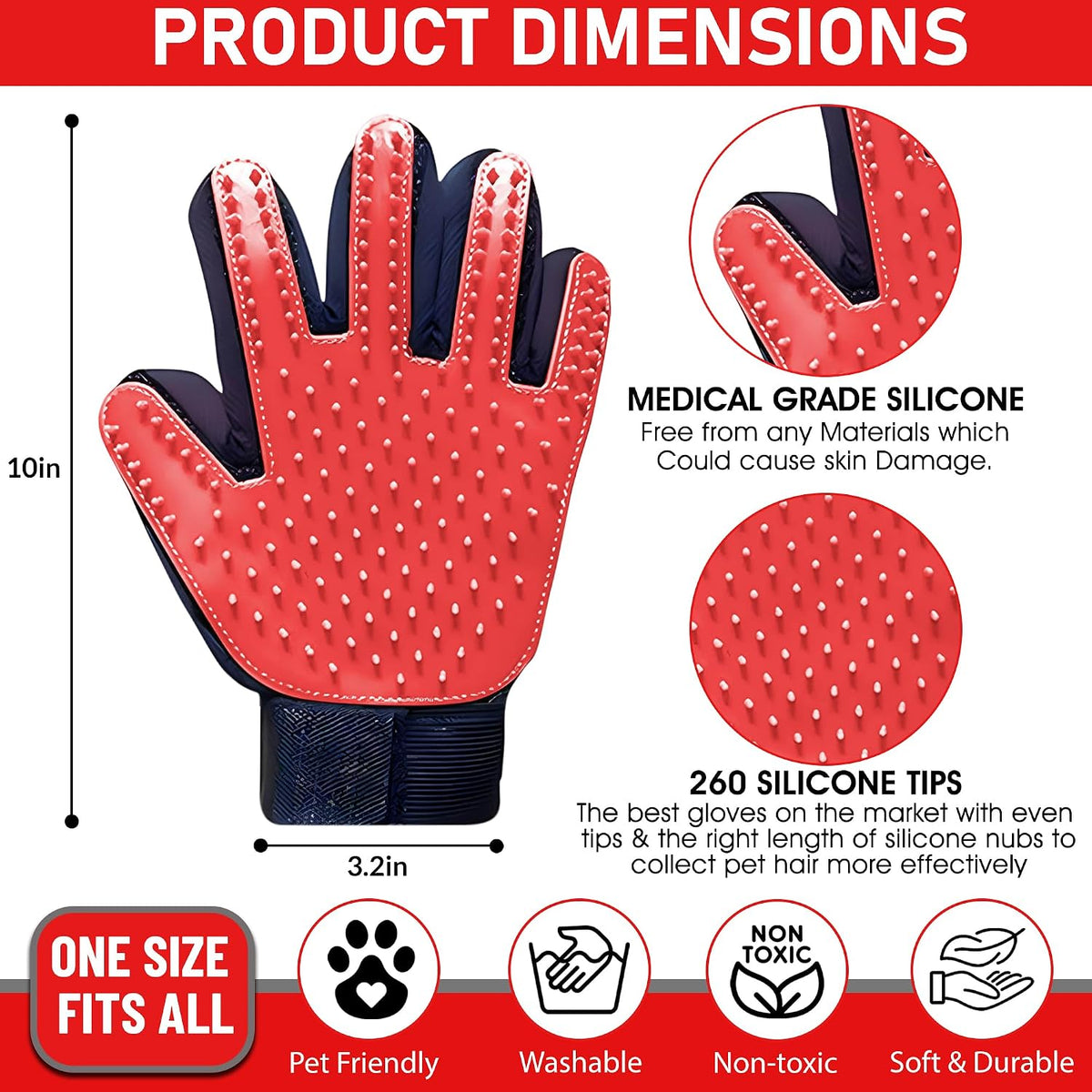 Upgrade Pet Grooming Gloves, Grooming Gloves for Dogs, Cats, Rabbits & Horses with Long and Short Hair, Efficient Pets Hair Remover Mittens - 1 Pair (Red)