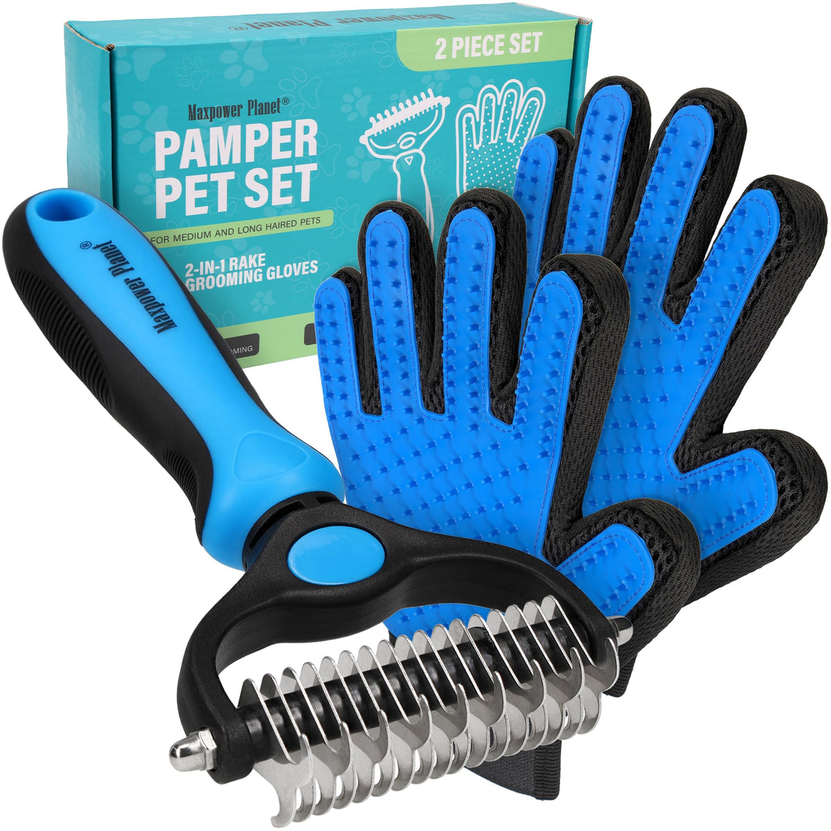 Maxpower Planet Pet Grooming Brush - Double-Sided Undercoat Rake for Dogs and Cats, Extra Wide, Reduces Shedding by 95%, White