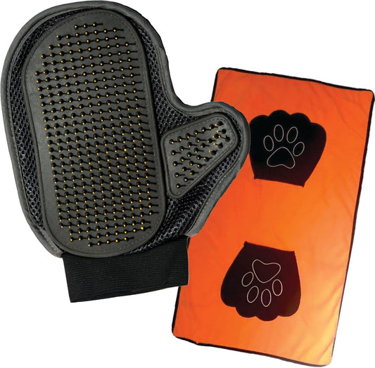 Pet Grooming Mitt and Towel Set - Deshedding Glove for Dogs and Cats - Massage and Remove Pet Hair - Ideal for Small to Medium Dogs and Cats