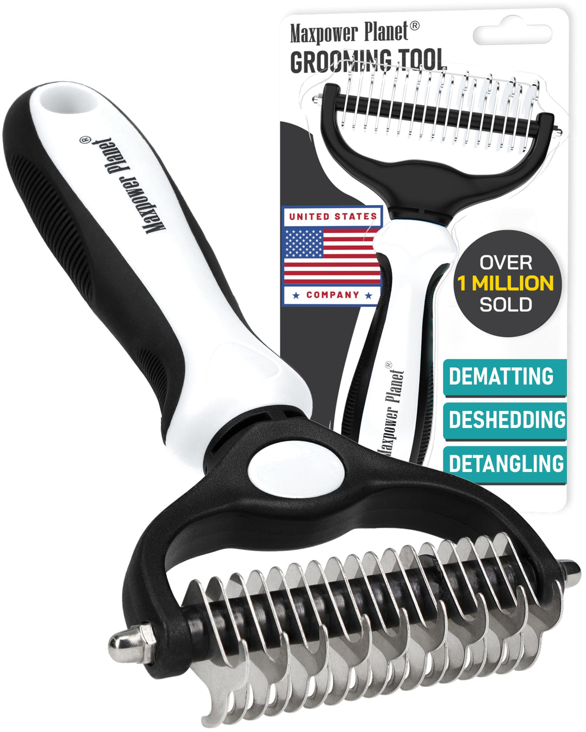 Maxpower Planet Pet Grooming Brush - Double Sided Shedding, Dematting Undercoat Rake for Dogs and Cats - Extra Wide Dog Grooming Brush - Yellow