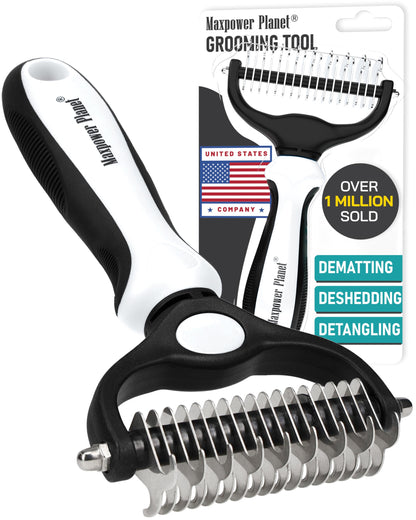Maxpower Planet Pet Grooming Brush - Double Sided Shedding, Dematting Undercoat Rake for Dogs and Cats - Extra Wide Dog Grooming Brush - Yellow