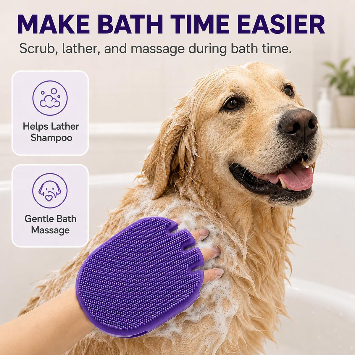 2-in-1 Silicone Pet Bath Brush for Dogs and Cats, Glove-Style Slip-On Grooming Scrubber, Dual-Sided Rubber Deshedding Brush for Bathing, Shampoo Lathering, Hair Removal and Massage, Purple