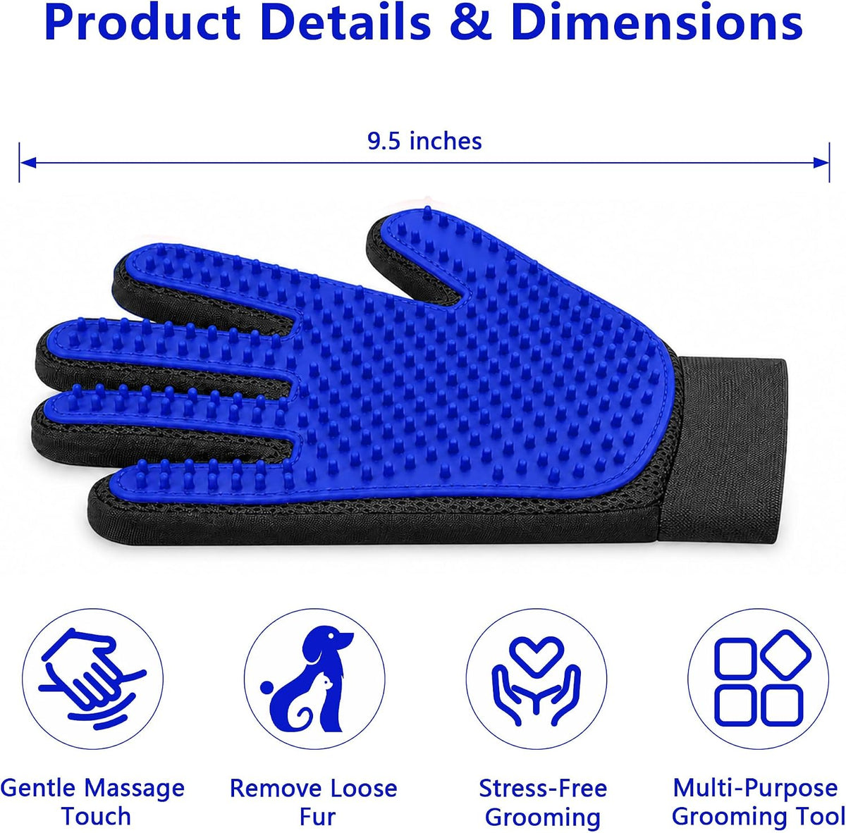 Pet Hair Removal Glove with Silicone Tips for Cat&Dog,1Pair,Blue